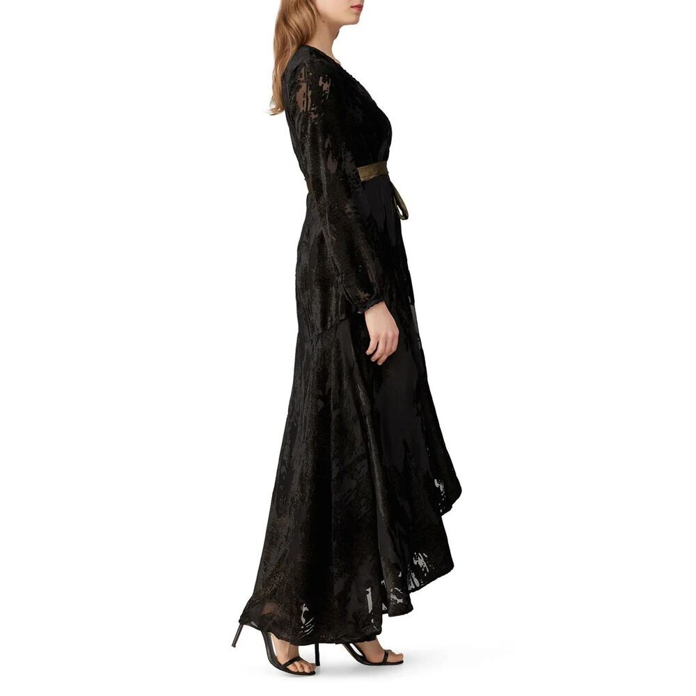 Hutch Black Burnout Velvet Wrap Maxi Dress Metallic Sash Hi-Low Hem Size M - Picture 4 of 12